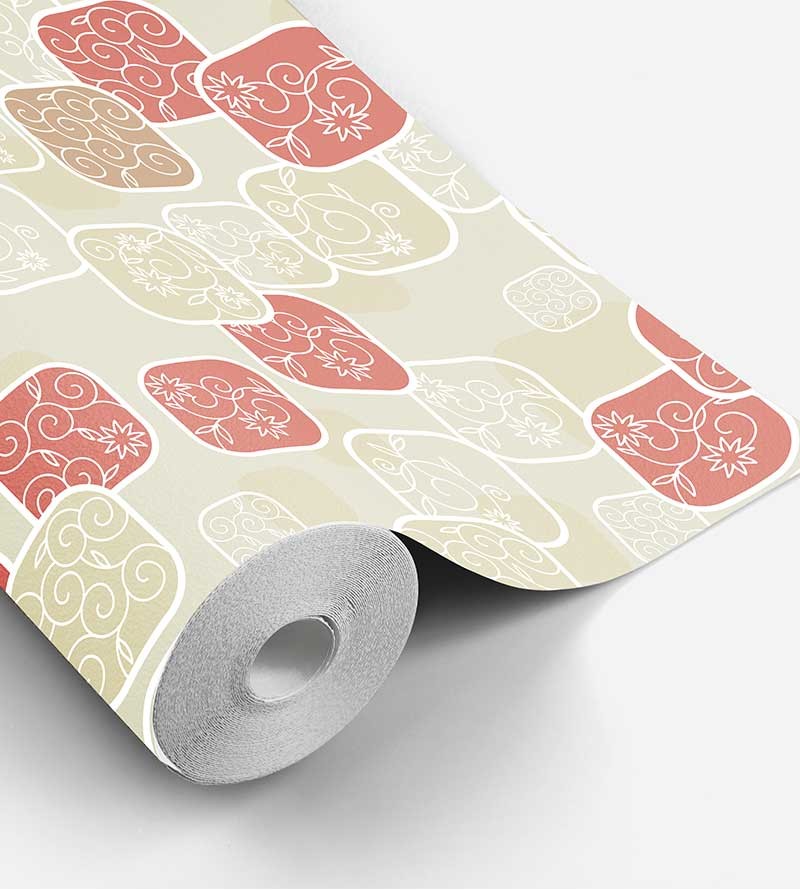 Papel de parede em tons nude com destalhes em tons vermelho, bege e branco - Contemporâneo 07