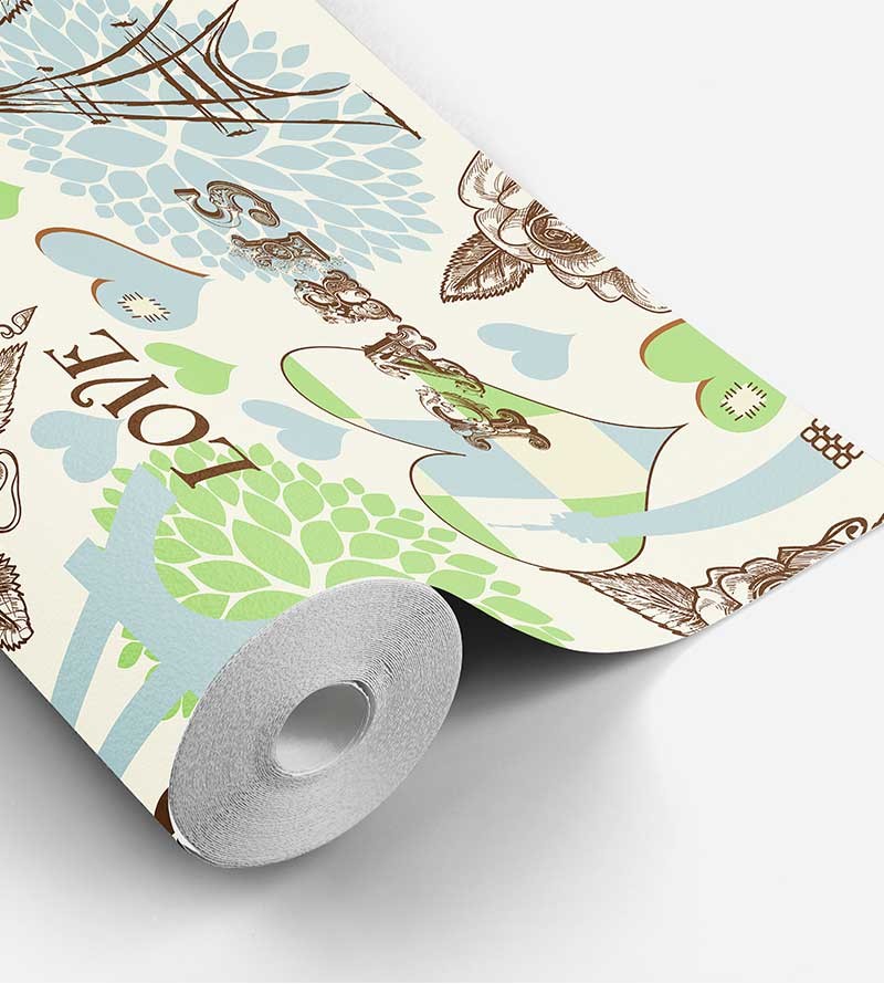 Papel de parede em tons claros, verde limão, azul e detalhes em preto e marrom escuro - Contemporâneo 19