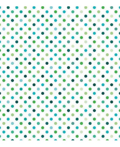 Papel de parede poá com fundo branco claro e desenhos em tons verde e azul - Poá 37