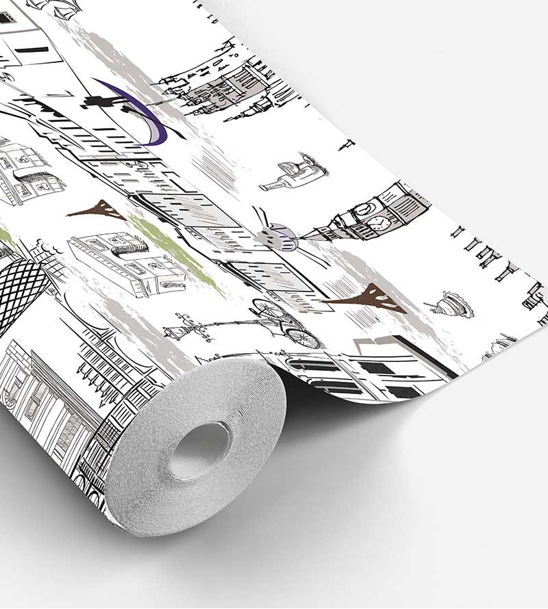 Papel de parede com fundo branco e detalhes em verde e preto - Contemporâneo 21