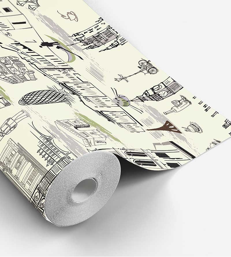 Papel de parede com fundo bege e detalhes em verde e preto - Contemporâneo 22