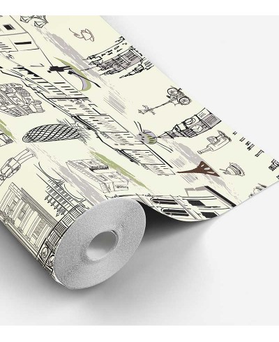 Papel de parede com fundo bege e detalhes em verde e preto - Contemporâneo 22