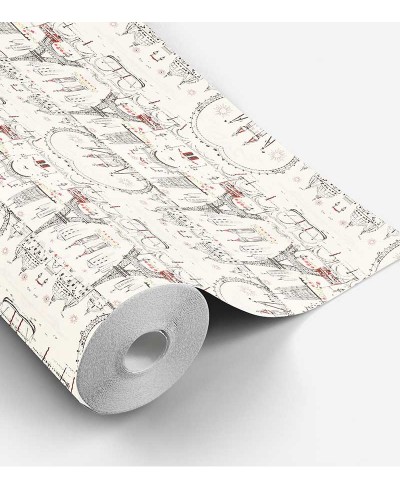 Papel de parede com fundo bege e detalhes da torre Eiffel em vermelho e preto - Contemporâneo 23