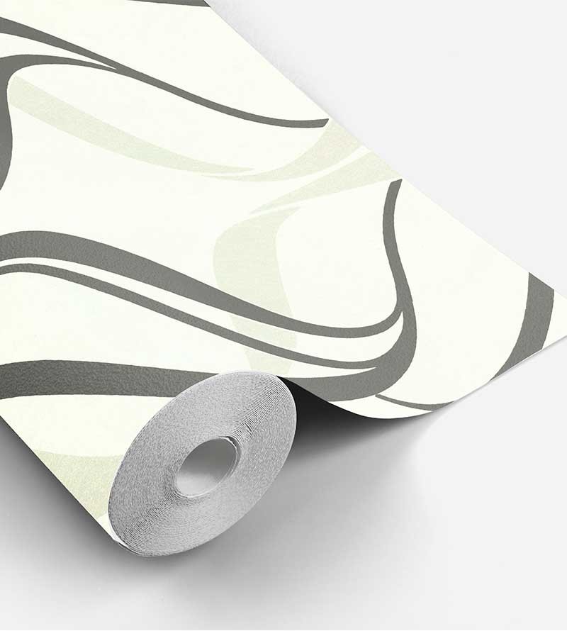 Papel de parede com fundo cinza e detalhes em arabescos nude