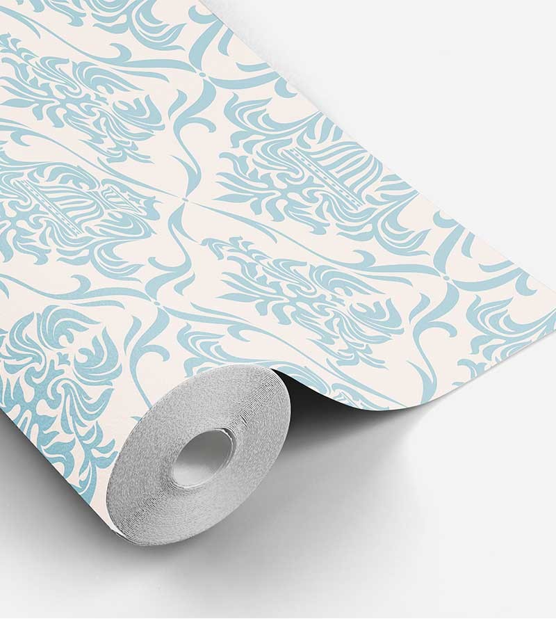 Papel de parede arabesco em tons azul e fundo cinza - Damask 02