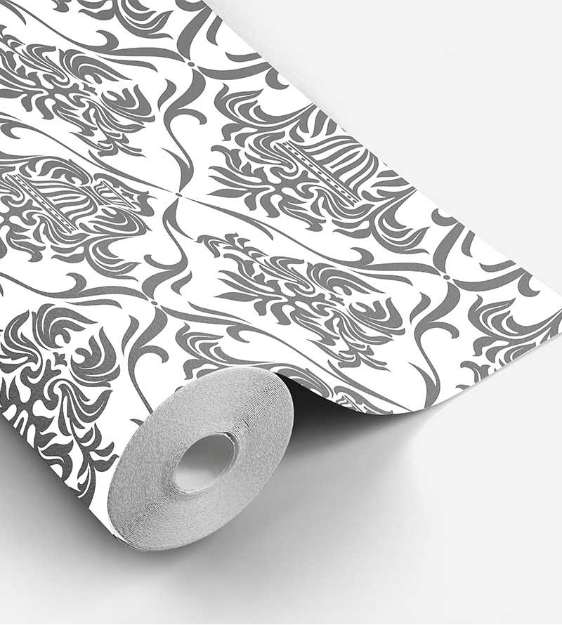 Papel de parede arabesco com fundo branco e detalhes em cinza - Damask 03