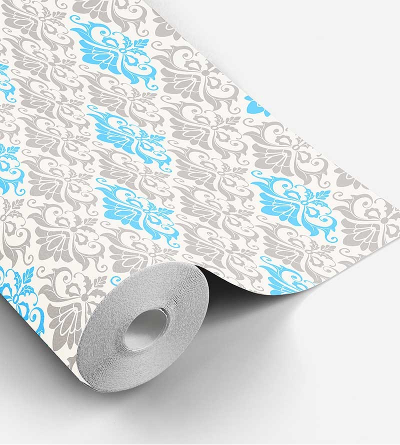 Papel de parede arabesco fundo branco com desenhos em tons de cinza e azul claro - Damask 18