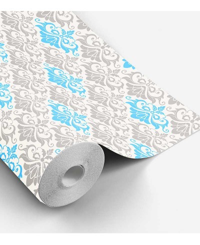 Papel de parede arabesco fundo branco com desenhos em tons de cinza e azul claro - Damask 18
