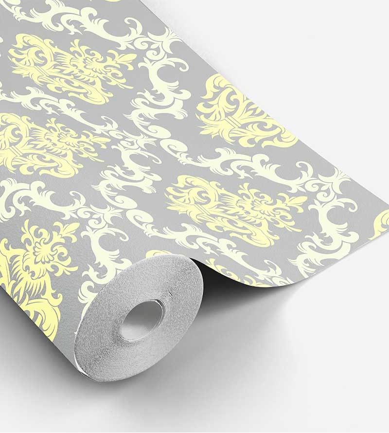 Papel de parede com fundo cinza e desenhos em tons amarelos - Damask 19