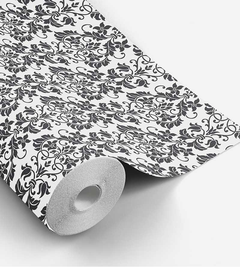 Papel de parede com fundo branco e desenhos preto - Damask 24