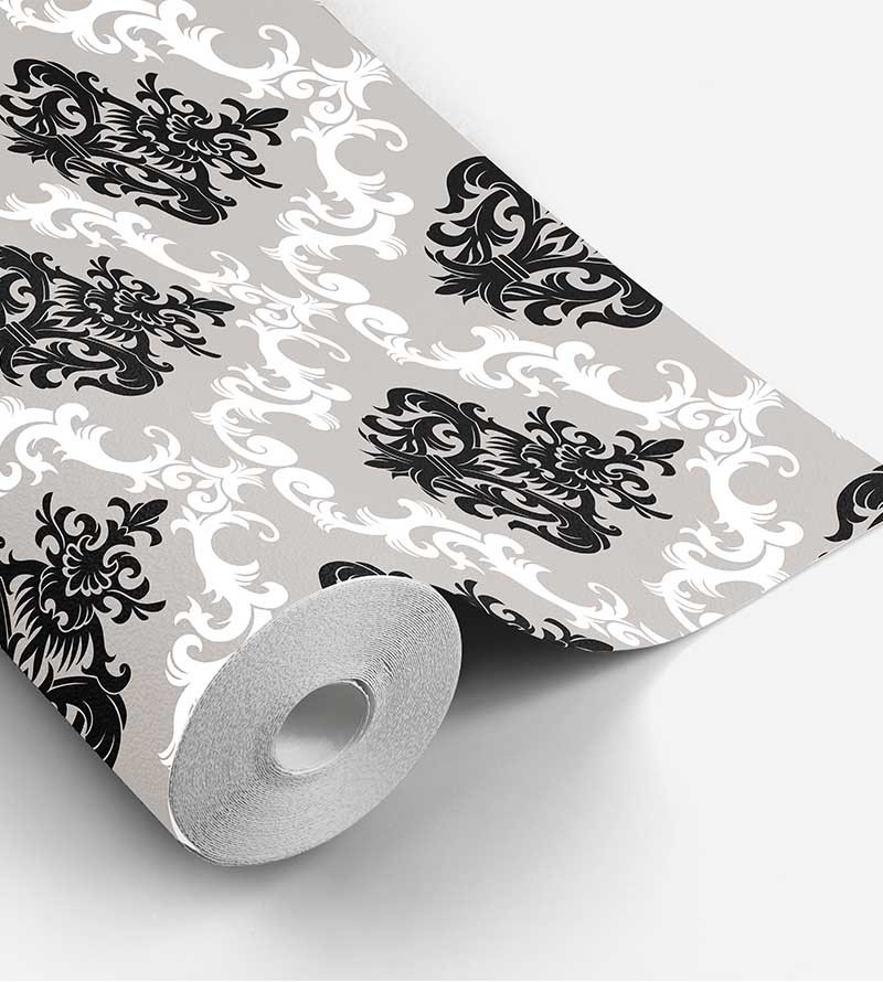 Papel de parede com fundo cinza e detalhes em branco e preto