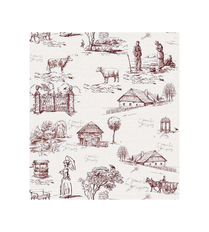 Papel de parede com fundo branco e desenhos em tons vinho - Toile 02