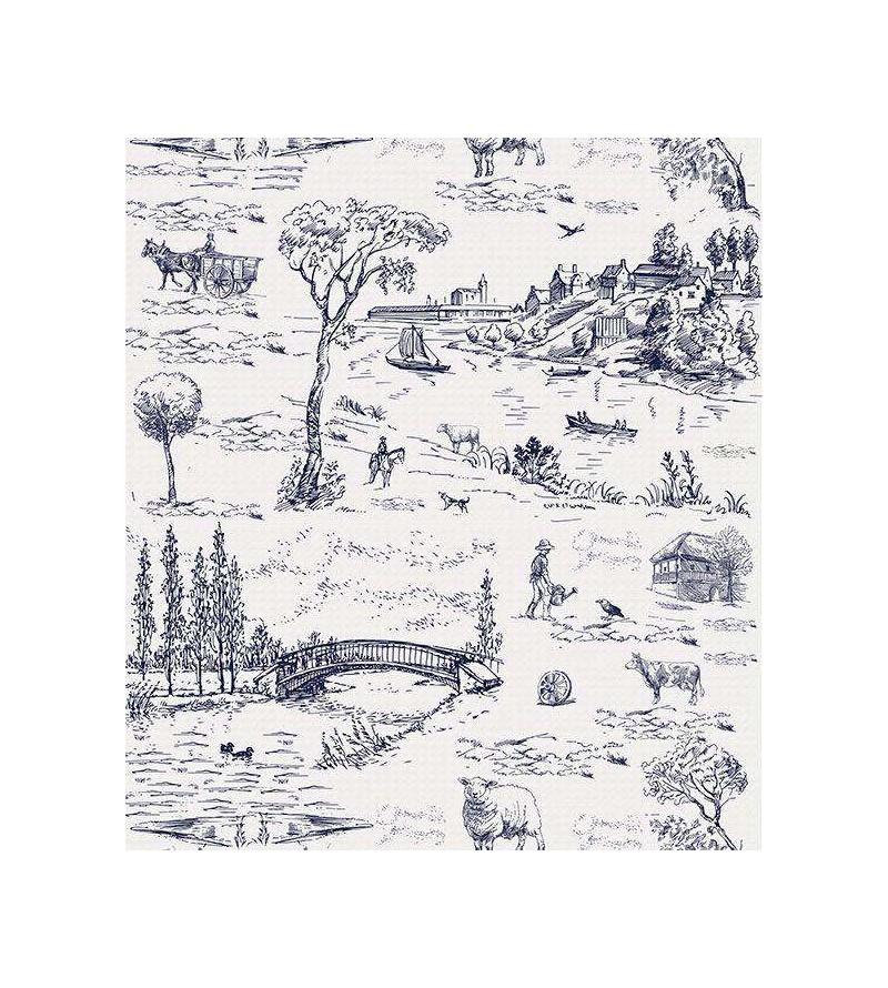 Papel de parede com fundo branco e desenhos em tons azul marinho - Toile 05
