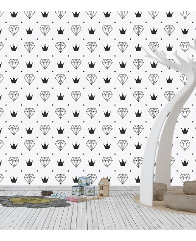 Papel de Parede Diamante e Coroas em Preto e Branco