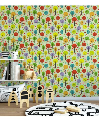 Papel de parede com fundo verde, desenho nas cores, marrom, amarelo, vermelho, laranja e roxo - Infantil 163