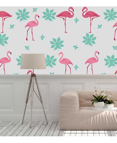 Papel de parede Flamingos e Flores em tons de rosa
