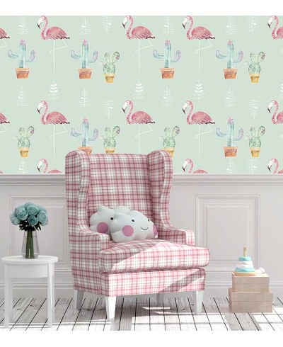 Papel de parede com Detalhes com Árvorezinhas e Flamingos