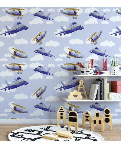 Papel de parede com céu de fundo e com aviões infantis em cores azuis claras e branco pastél - Infantil 220