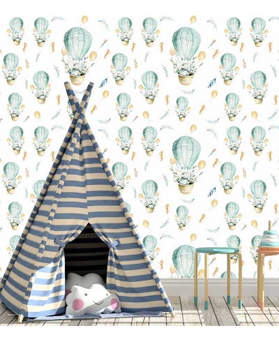 Papel de parede com balões e coelhinhos voando em tons leves de branco e azul - Infantil 222