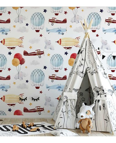 Papel de parede com aviões e balões em tons leve de branco, azul e vermelho - Infantil 224