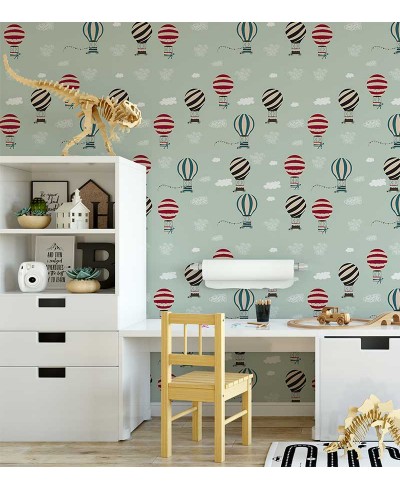 Papel de parede com balões em tons de azul marinho, vermelho e marrom - Infantil 225