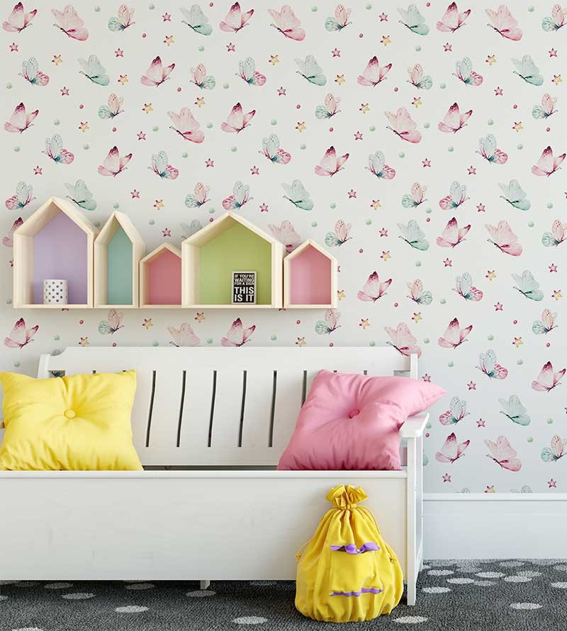 Papel de parede com borboletas em tons aquarela de rosa e azul - Infantil 227