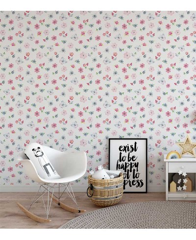 Papel de parede com flores e borboletas aquarelas - Infantil 232