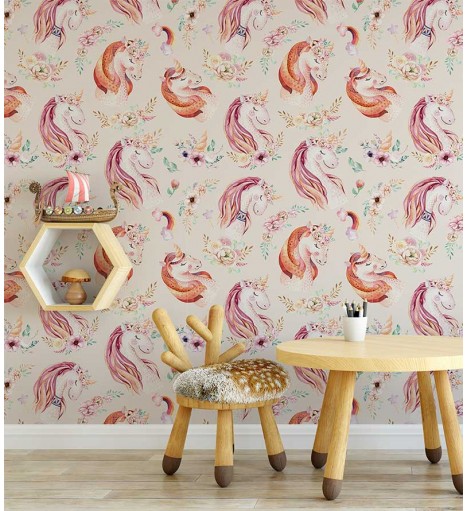 Papel de parede com unicórnios com fundo rosa claro e unicórnios em rosa escuro e branco - Infantil 236
