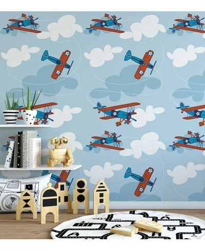Papel de parede com céu de fundo e com aviões infantis nas cores azuis e branco - Infantil 219