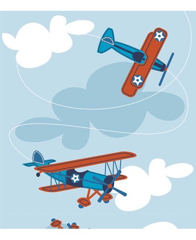 Papel de parede com céu de fundo e com aviões infantis nas cores azuis e branco - Infantil 219