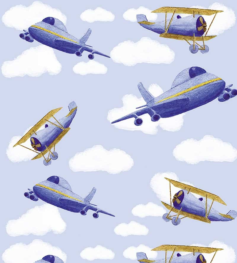 Papel de parede com céu de fundo e com aviões infantis em cores azuis claras e branco pastél - Infantil 220
