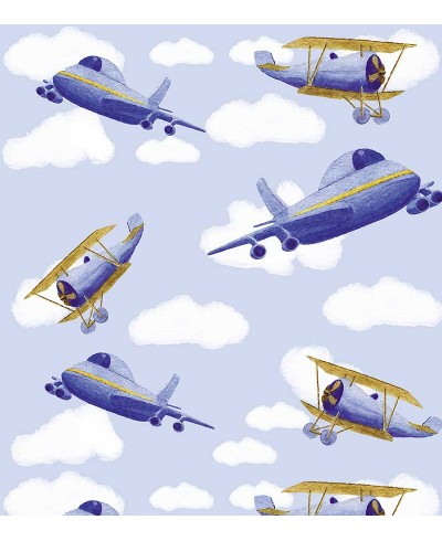 Papel de parede com céu de fundo e com aviões infantis em cores azuis claras e branco pastél - Infantil 220