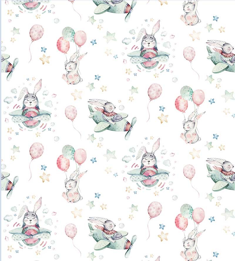 Papel de parede com céu de fundo e com aviões e coelhos fofos pilotando em tons leves de branco e rosa claro - Infantil 221