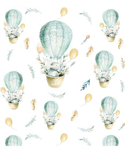 Papel de parede com balões e coelhinhos voando em tons leves de branco e azul - Infantil 222