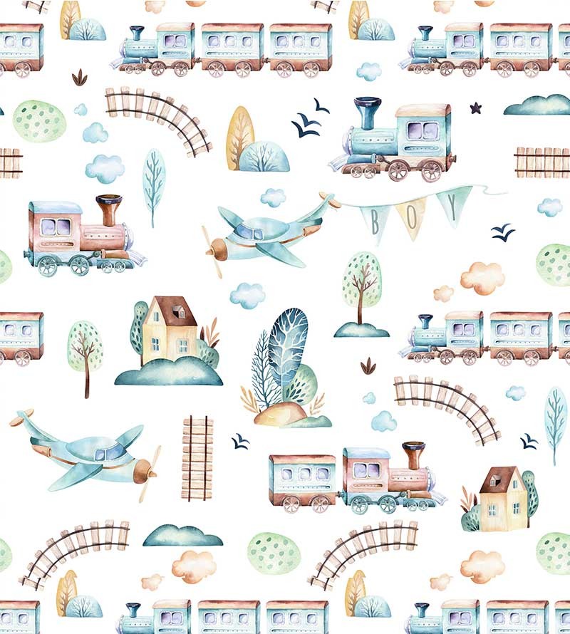 Papel de parede objetos da cidade em tons aquarelas com cores primárias - Infantil 231