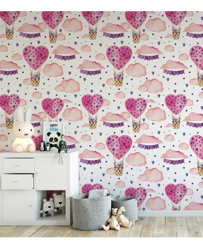 Papel de parede com balões em formas de coração e coelhinhos voando - Infantil 223