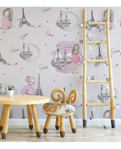 Papel de Parede Infantil Paris, com fundo roxo claro e torres Eiffel