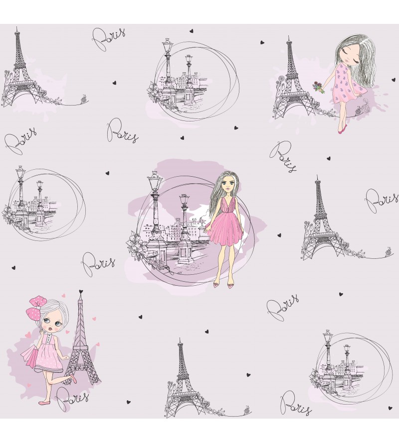 Papel de Parede Infantil Paris, com fundo roxo claro e torres Eiffel