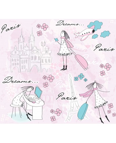 Papel de Parede Infantil Paris, com fundo rosa claro e torres Eiffel e garotas fofas.