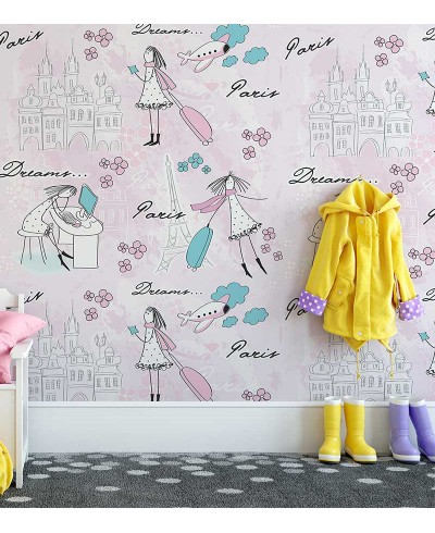 Papel de Parede Infantil Paris, com fundo rosa claro e torres Eiffel e garotas fofas.