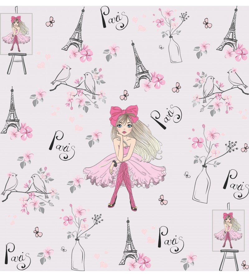 Papel de Parede Infantil Paris, com fundo rosa claro, Flores e torre Eiffel.