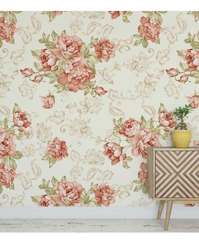 Papel de parede floral com fundo bege e rosas