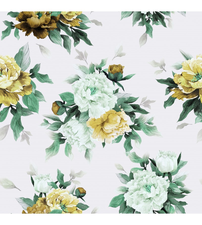 Papel de parede floral com fundo branco e flores em tons verdes