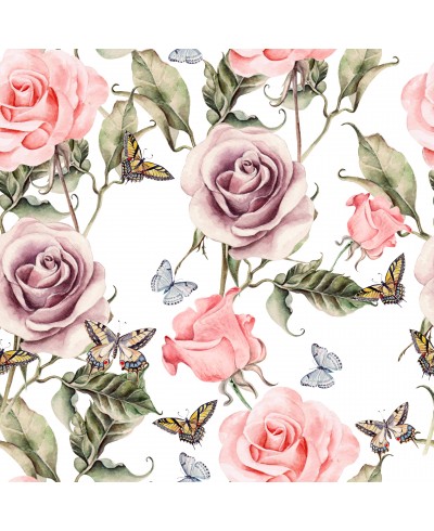 Papel de parede floral com fundo branco e flores rosas e roxas