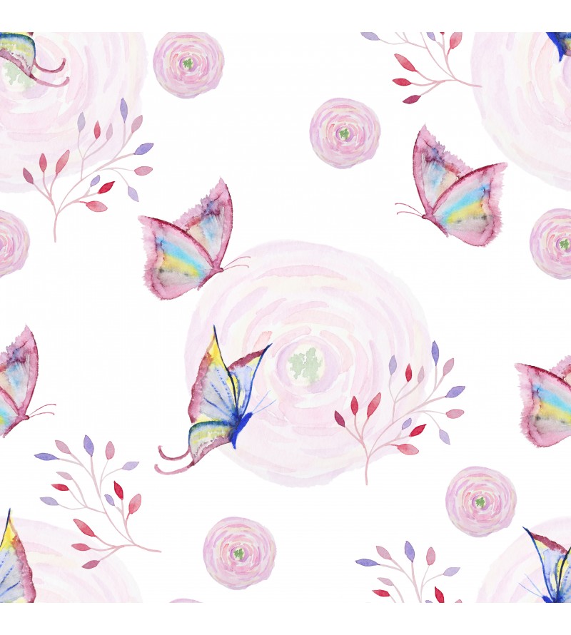 Papel de parede com borboletas e flores, em tons de roxo e branco