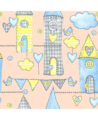 Papel de parede com castelos e nuvens, em cores de rosa e azul