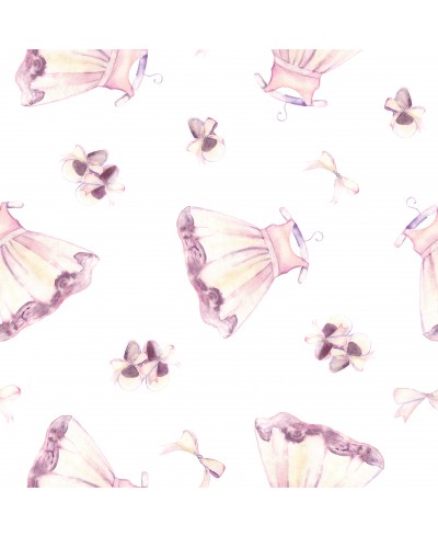 Papel de parede com vestidos e laços, em tons de roxo e branco