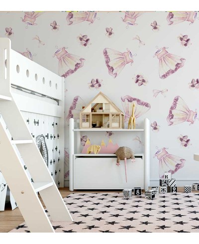 Papel de parede com vestidos e laços, em tons de roxo e branco