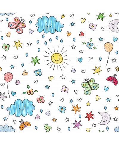 Papel de parede com desenhos infantis, céus, sol, estrelas e variados