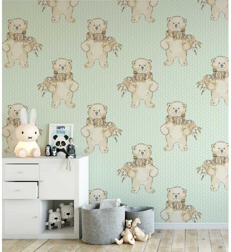 Papel de parede com ursinhos e listras em tons de azuis